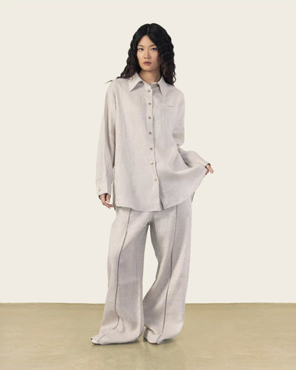 Wide Leg Linen Pants in Beige With Brown Stitching Detail