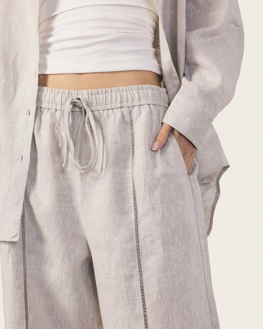Wide Leg Linen Pants in Beige With Brown Stitching Detail