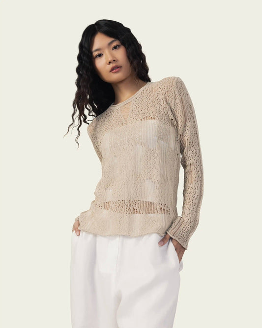 Lace-Look Long Sleeve Top in Beige