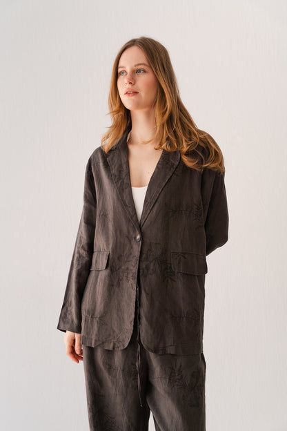 Flowered Linen Blazer In Taupe
