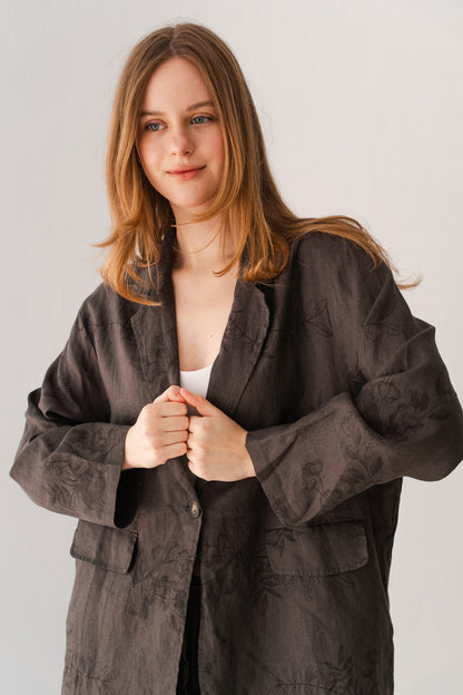 Flowered Linen Blazer In Taupe