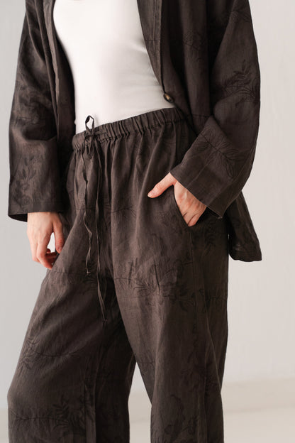 Flowered Linen Pants In Taupe