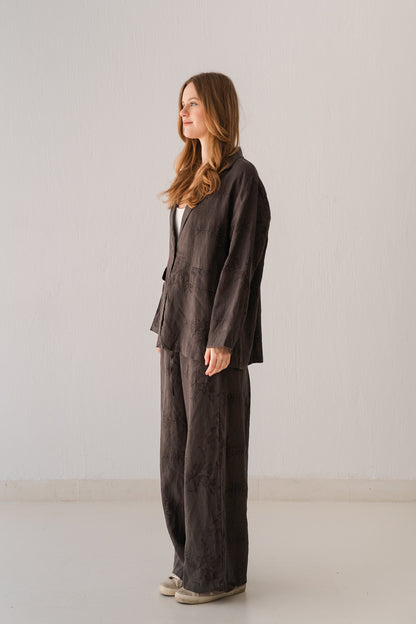 Flowered Linen Pants In Taupe