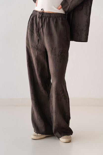 Flowered Linen Pants In Taupe