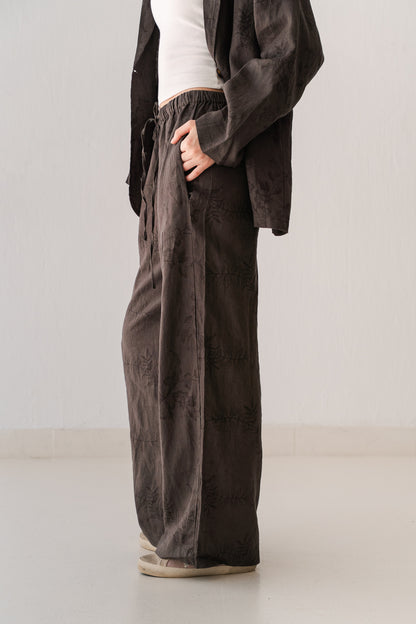 Flowered Linen Pants In Taupe