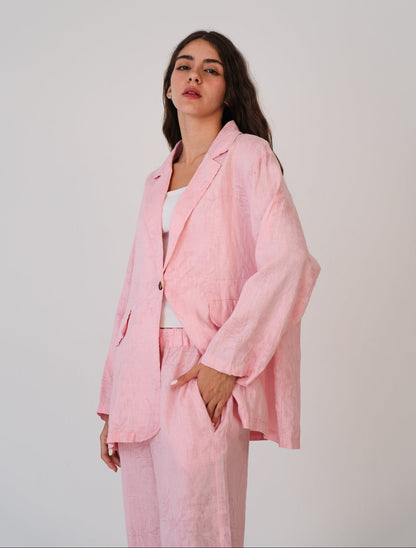 Flowered Linen Blazer In Cotton Candy
