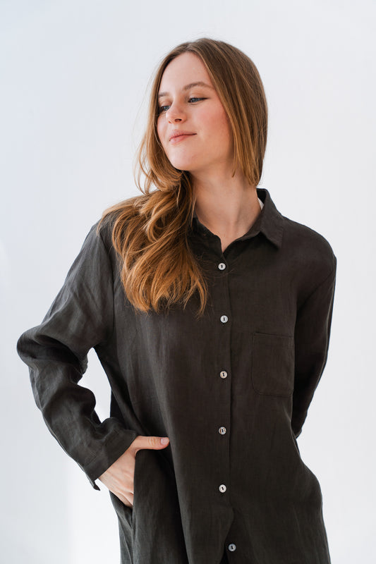Soft Linen Long Shirt In Deep Olive