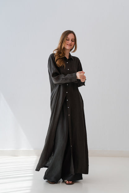 Soft Linen Long Shirt In Deep Olive
