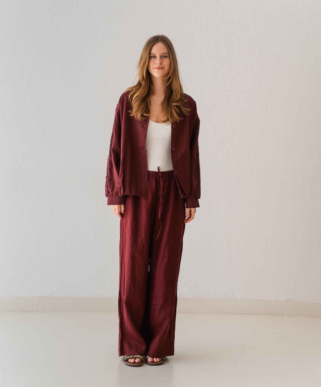 Embroidered Pants In Maroon