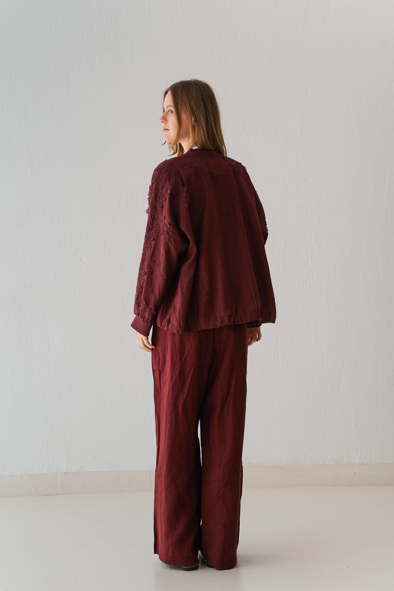Embroidered Pants In Maroon