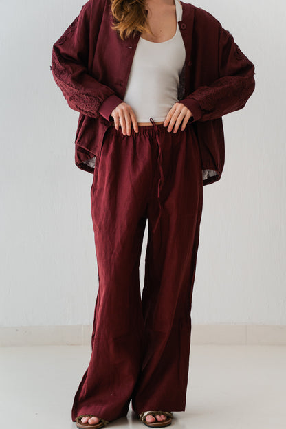 Embroidered Pants In Maroon