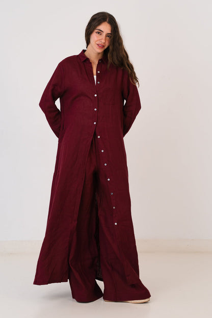 Soft Linen Long Shirt In Maroon