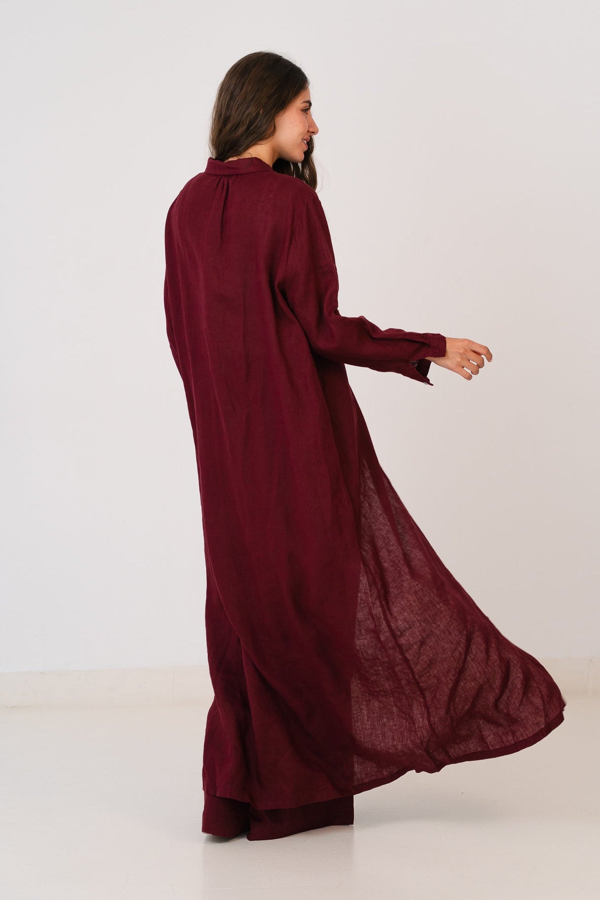 Soft Linen Long Shirt In Maroon