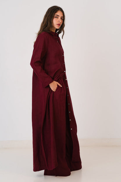 Soft Linen Long Shirt In Maroon