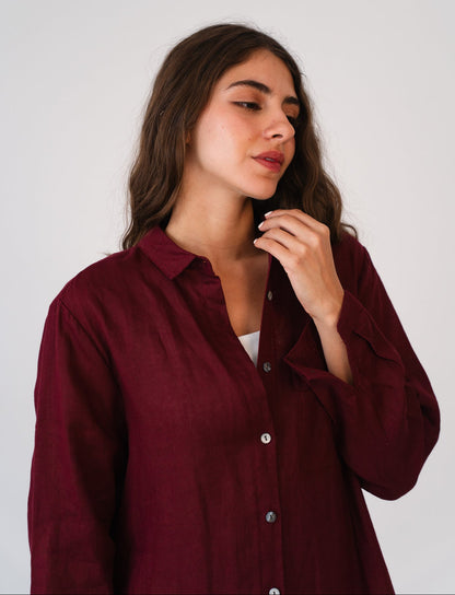 Soft Linen Long Shirt In Maroon