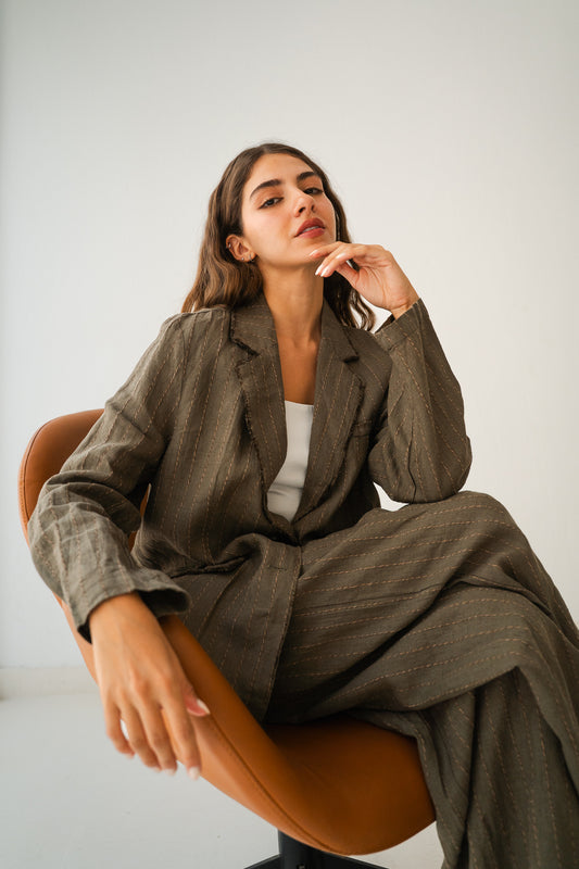 Striped Linen Blazer In Olive