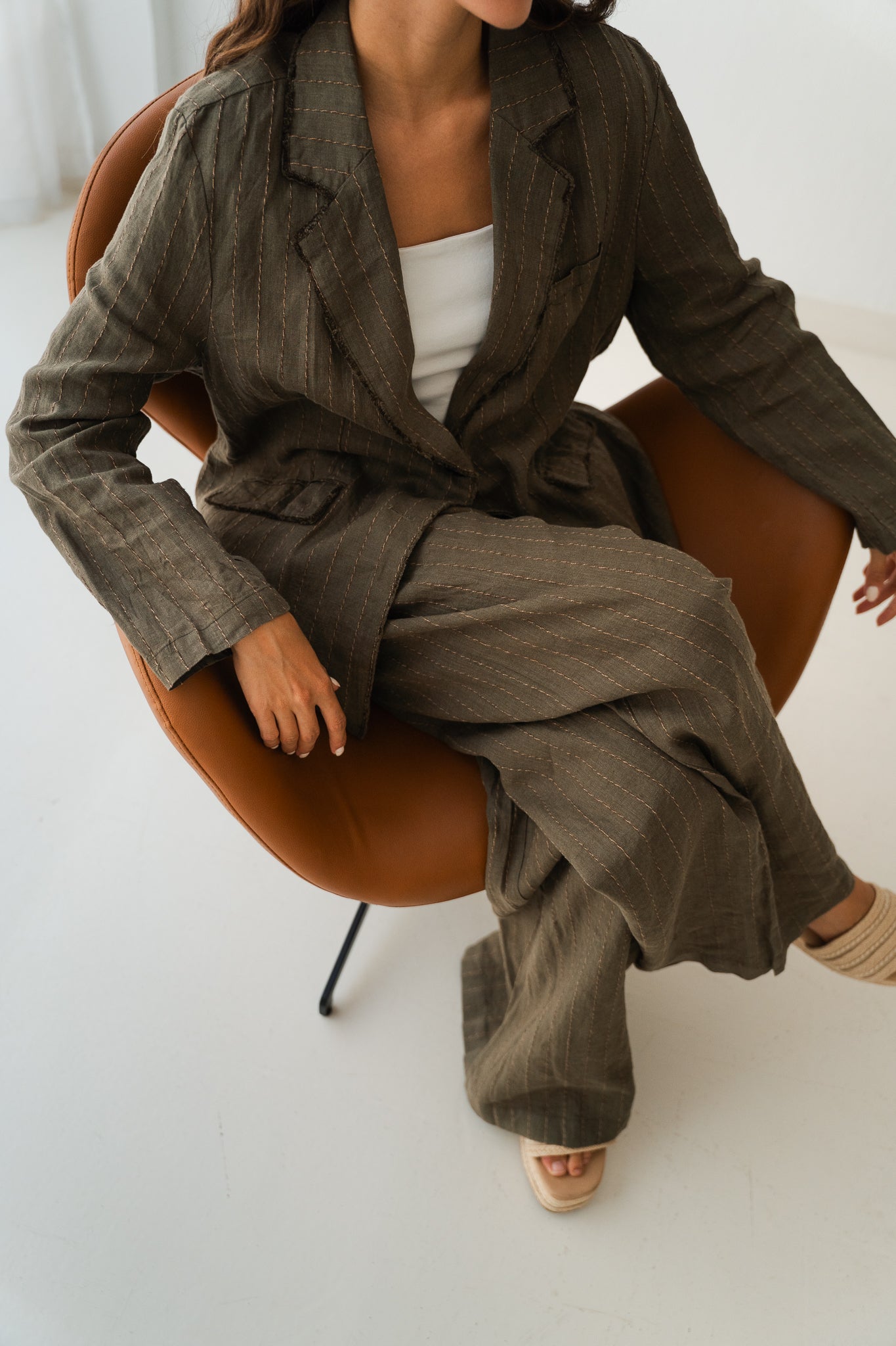 Striped Linen Blazer In Olive
