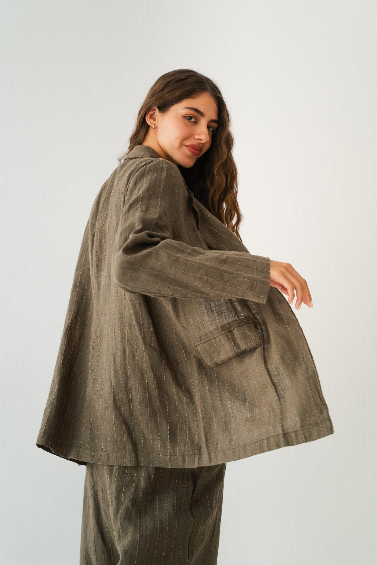 Striped Linen Blazer In Olive