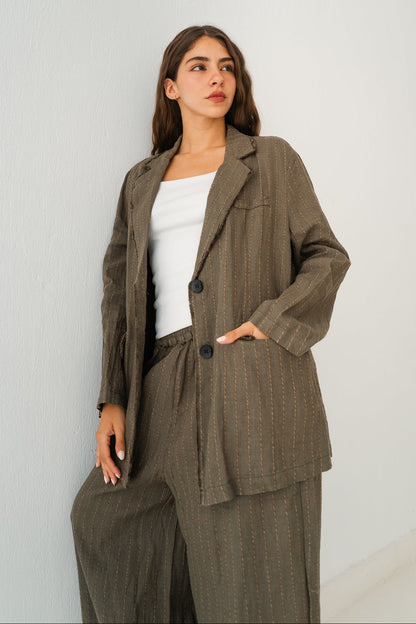 Striped Linen Blazer In Olive