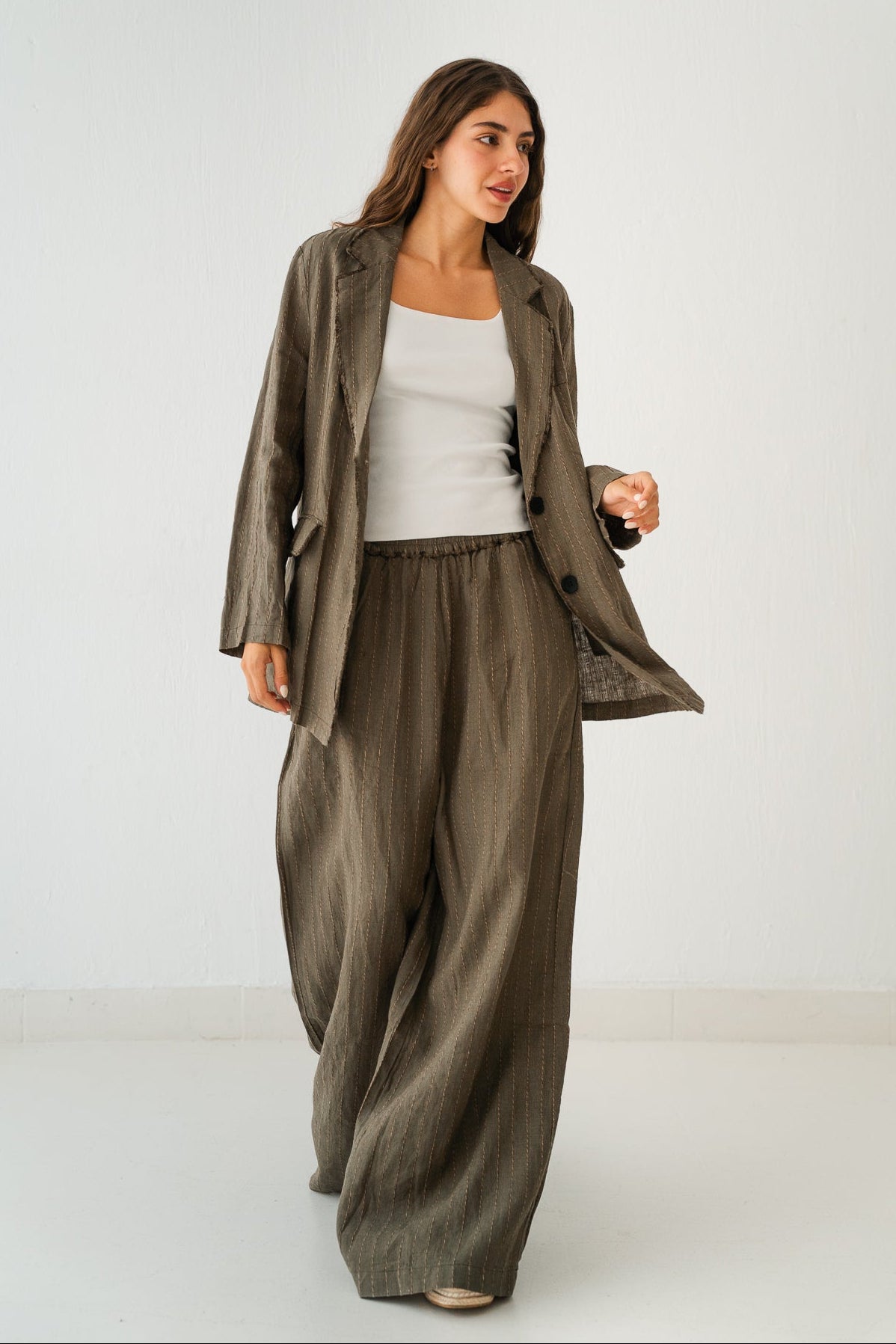 Striped Linen Blazer In Olive