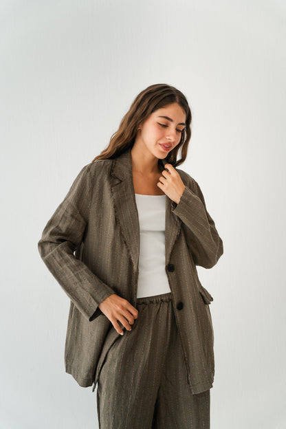 Striped Linen Blazer In Olive