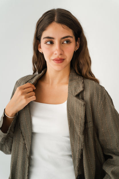 Striped Linen Blazer In Olive