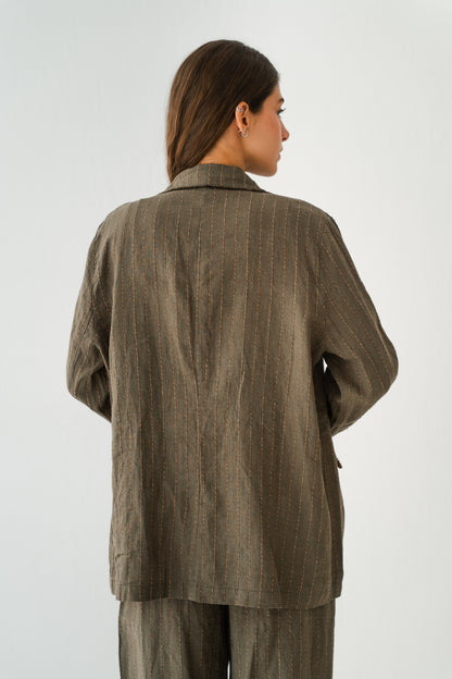Striped Linen Blazer In Olive