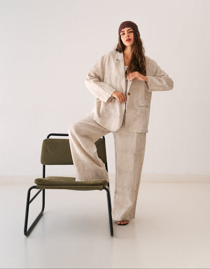 Flowered Linen Blazer In Beige