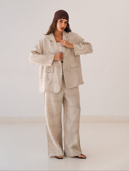 Flowered Linen Blazer In Beige