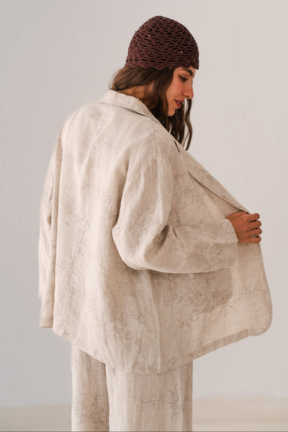 Flowered Linen Blazer In Beige