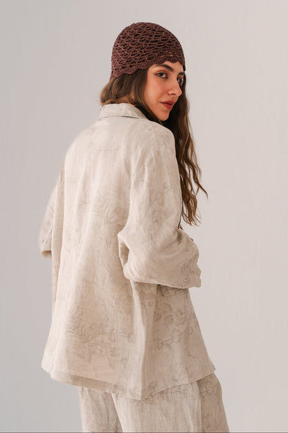 Flowered Linen Blazer In Beige
