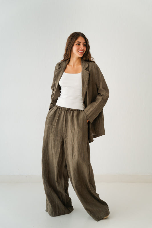 Striped Linen Pants In Olive