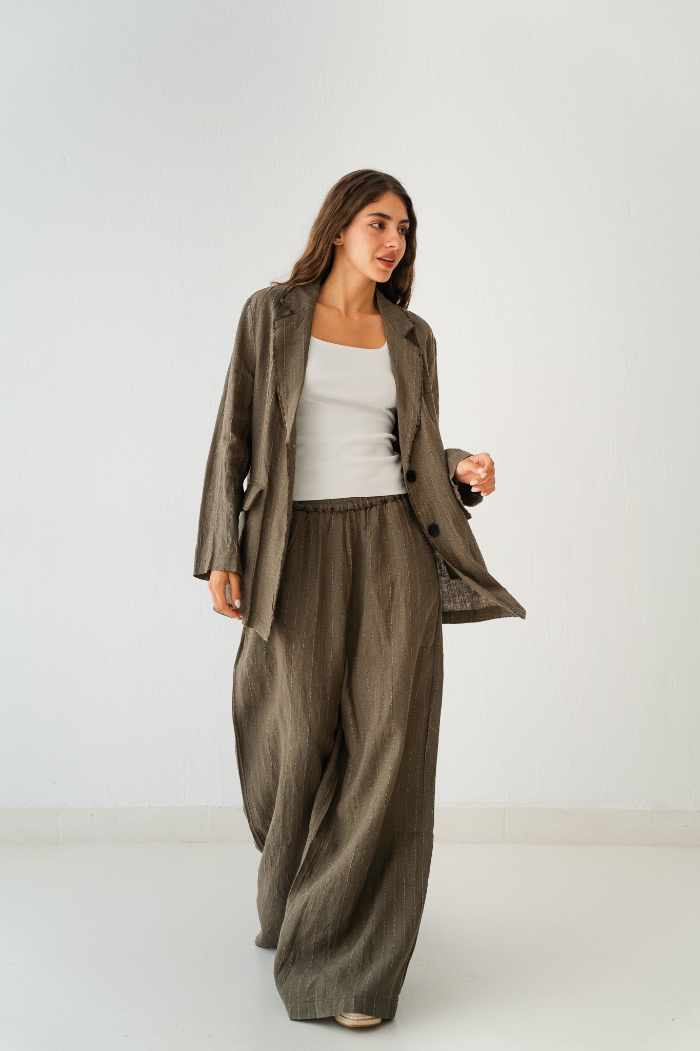 Striped Linen Pants In Olive