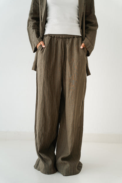 Striped Linen Pants In Olive