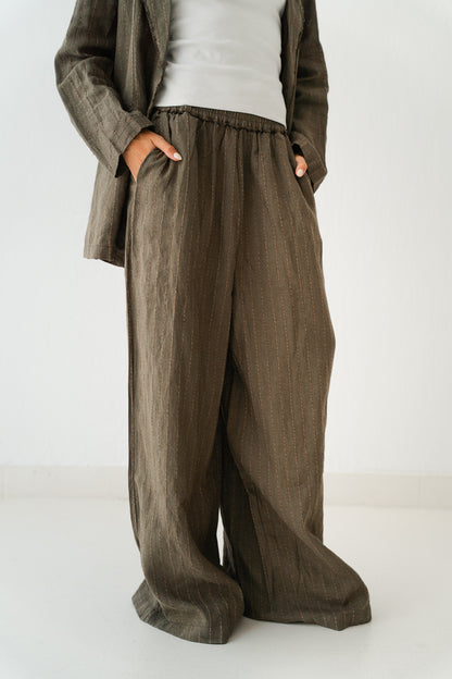 Striped Linen Pants In Olive