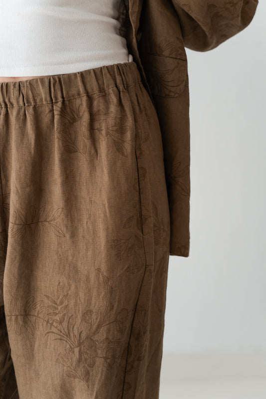 Flowered Linen Pants In Warm Cinnamon