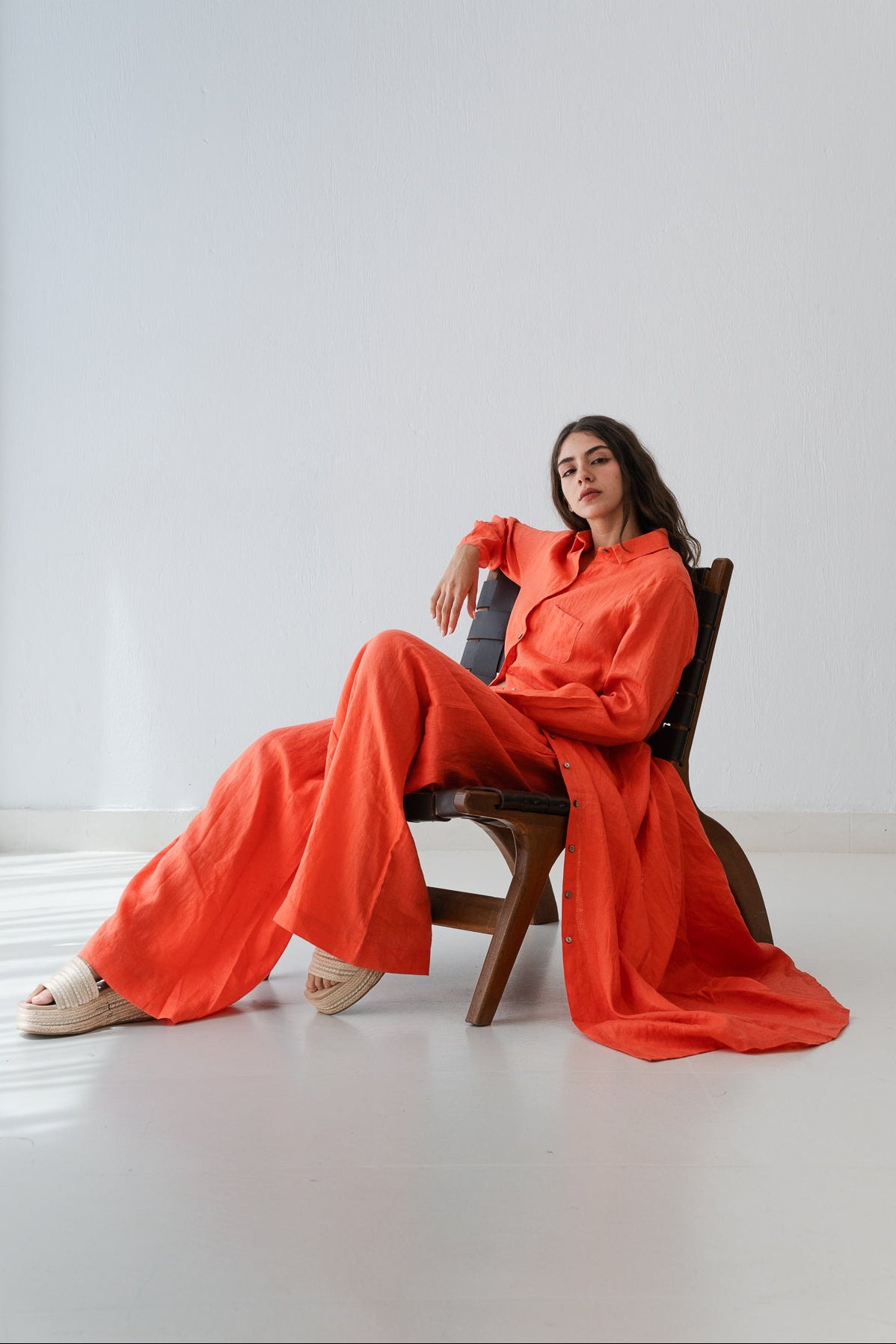 Soft Linen Long Shirt In Papaya