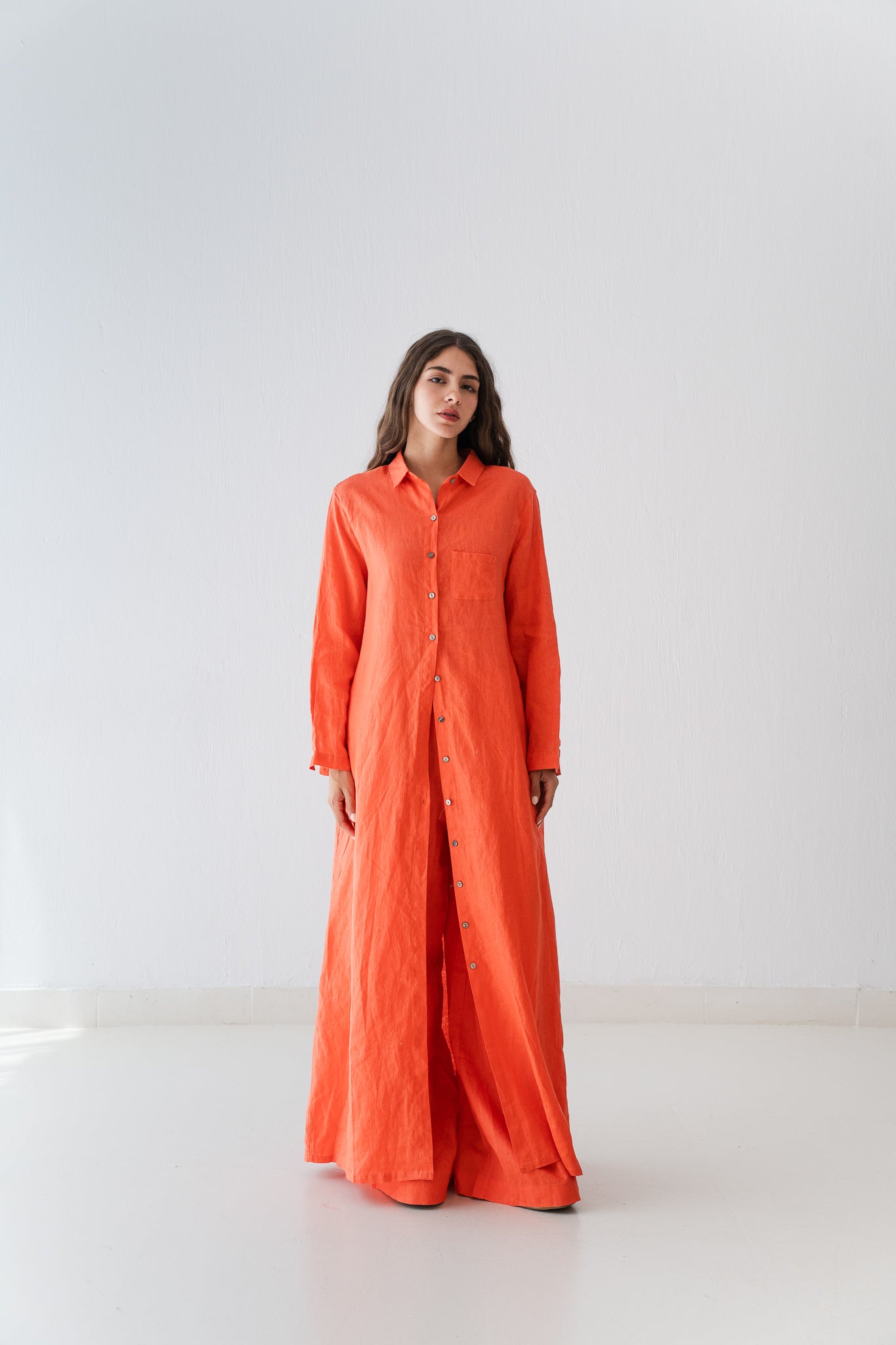 Soft Linen Long Shirt In Papaya
