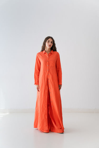 Soft Linen Long Shirt In Papaya