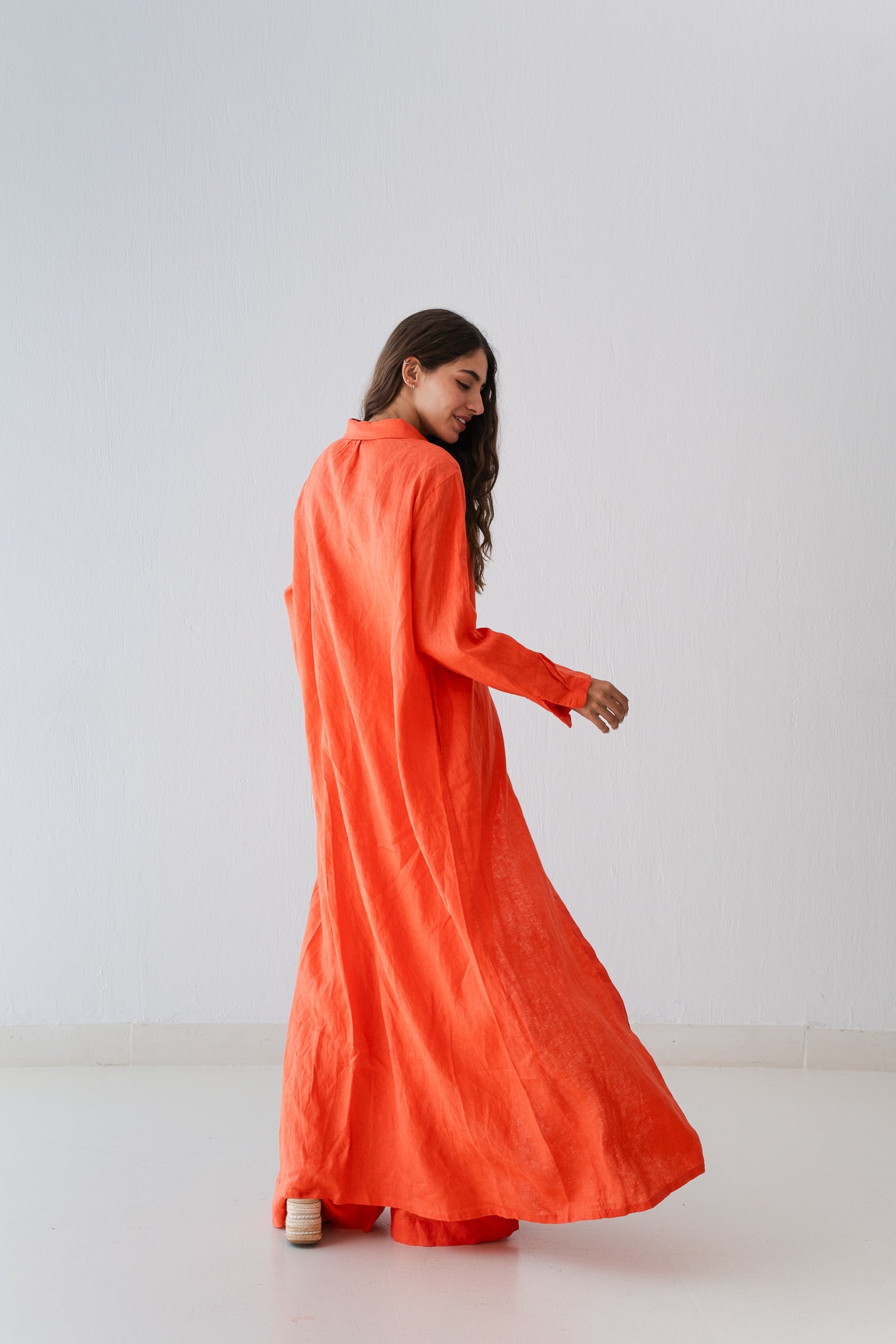 Soft Linen Long Shirt In Papaya