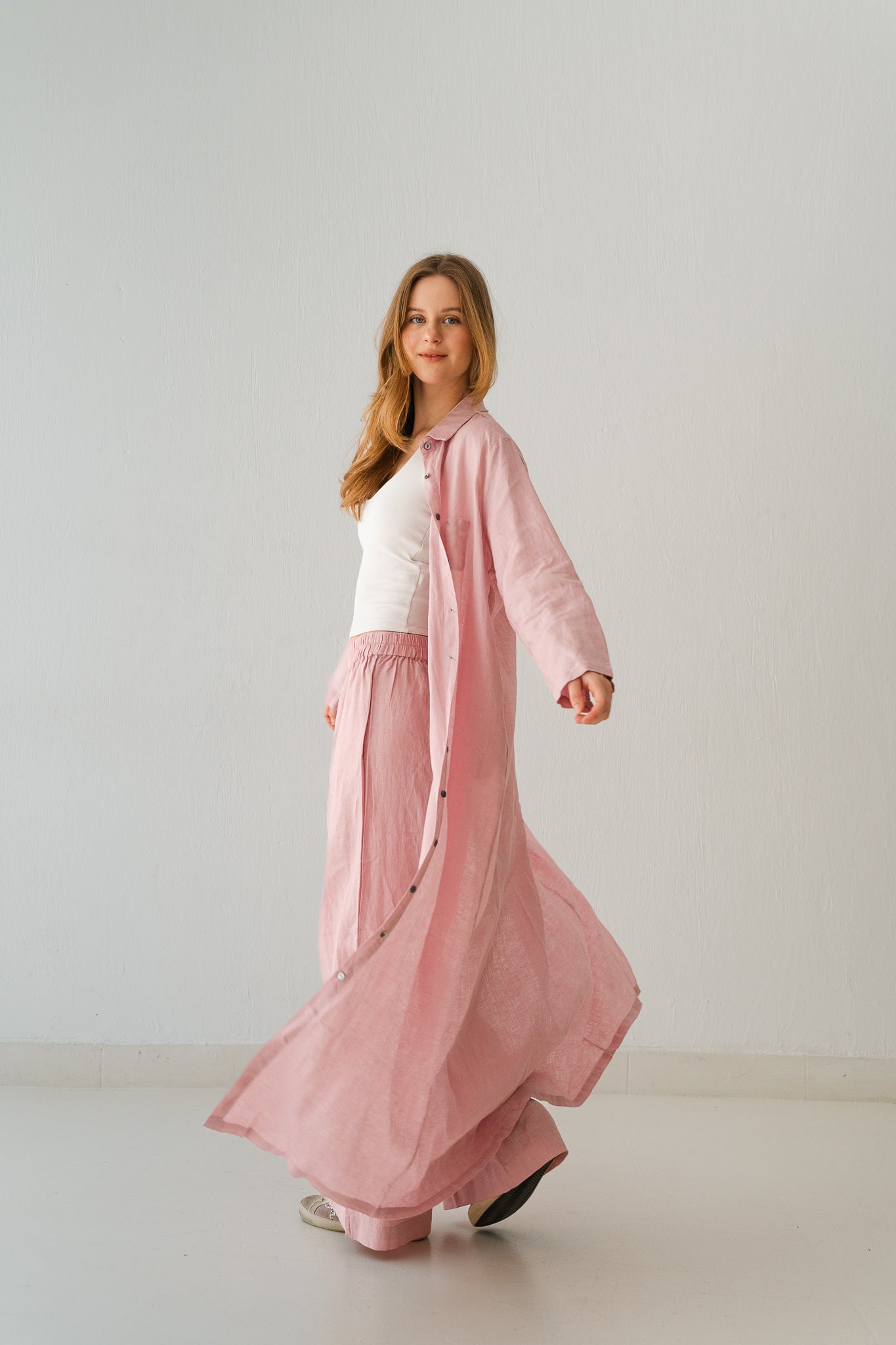 Soft Linen Long Shirt In Baby Pink