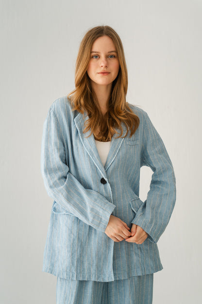 Striped Linen Blazer In Powder Blue