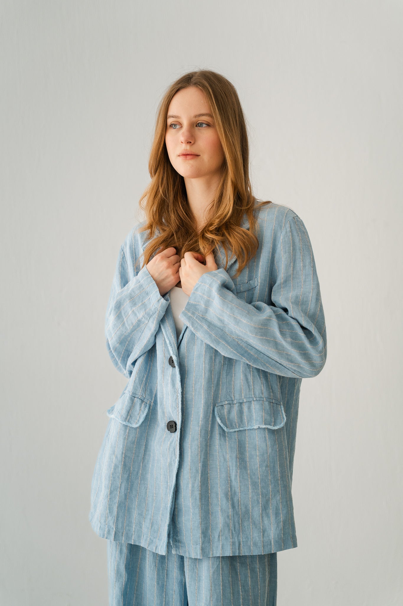 Striped Linen Blazer In Powder Blue