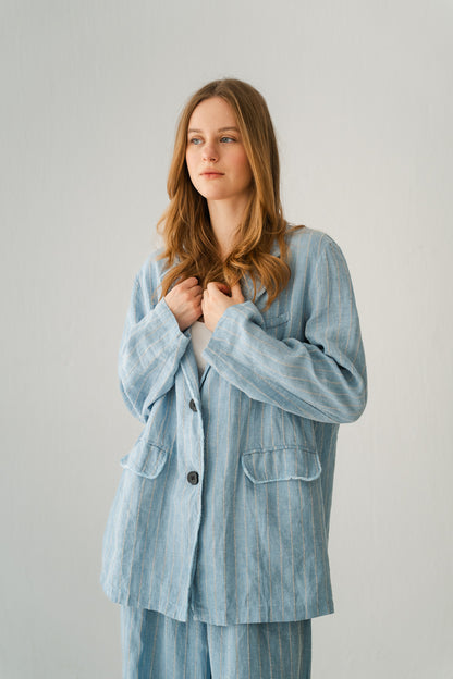 Striped Linen Blazer In Powder Blue