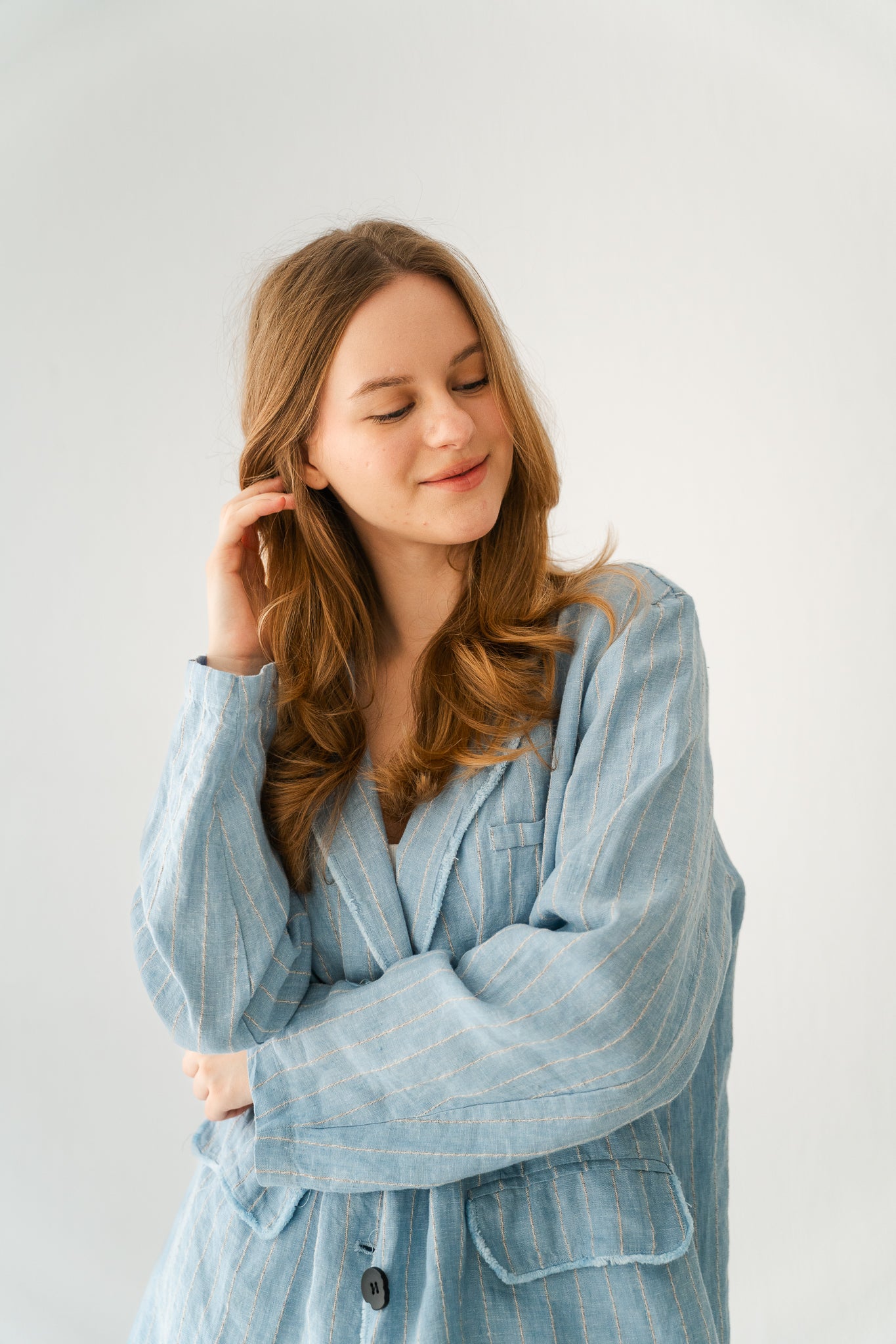Striped Linen Blazer In Powder Blue