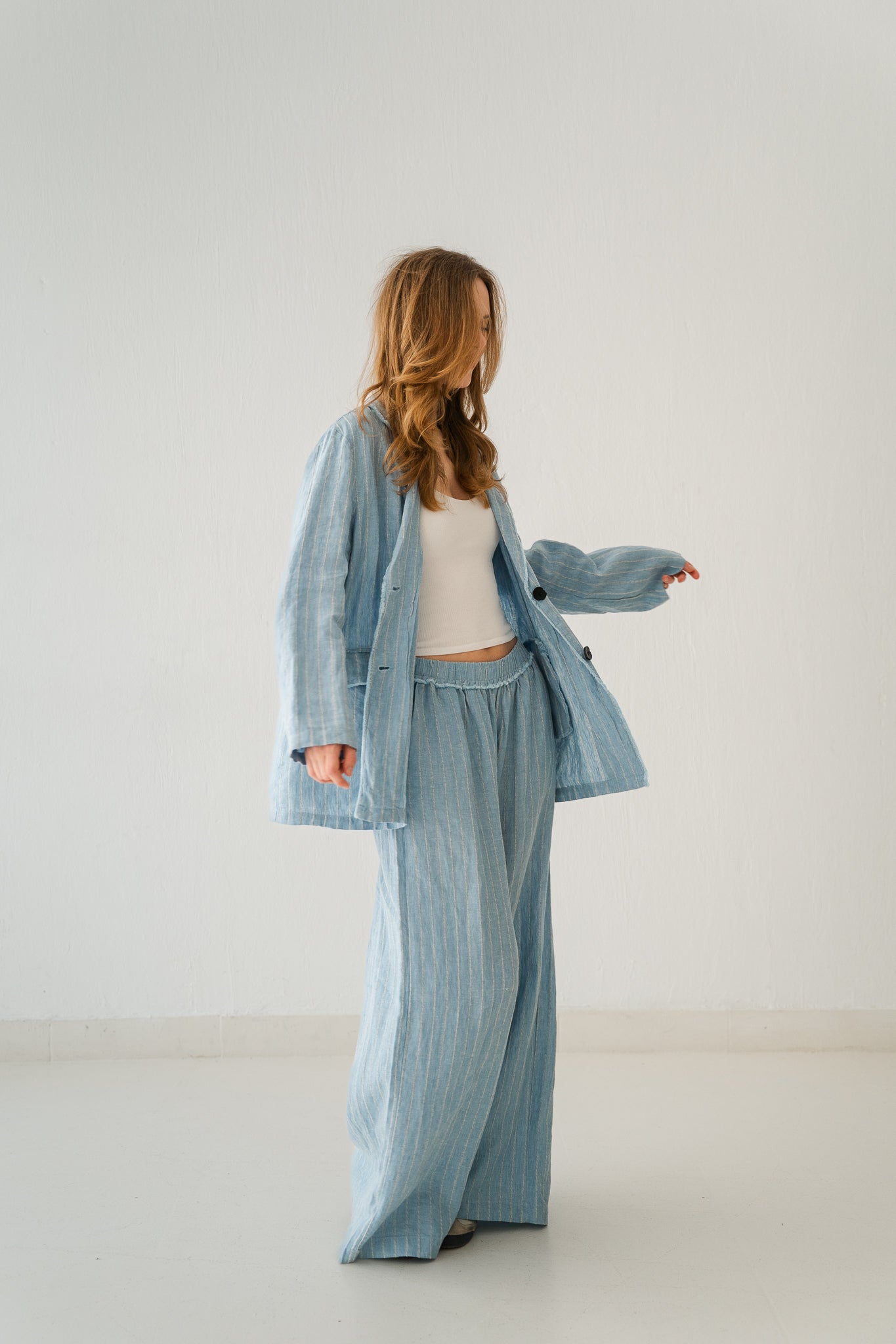 Striped Linen Blazer In Powder Blue
