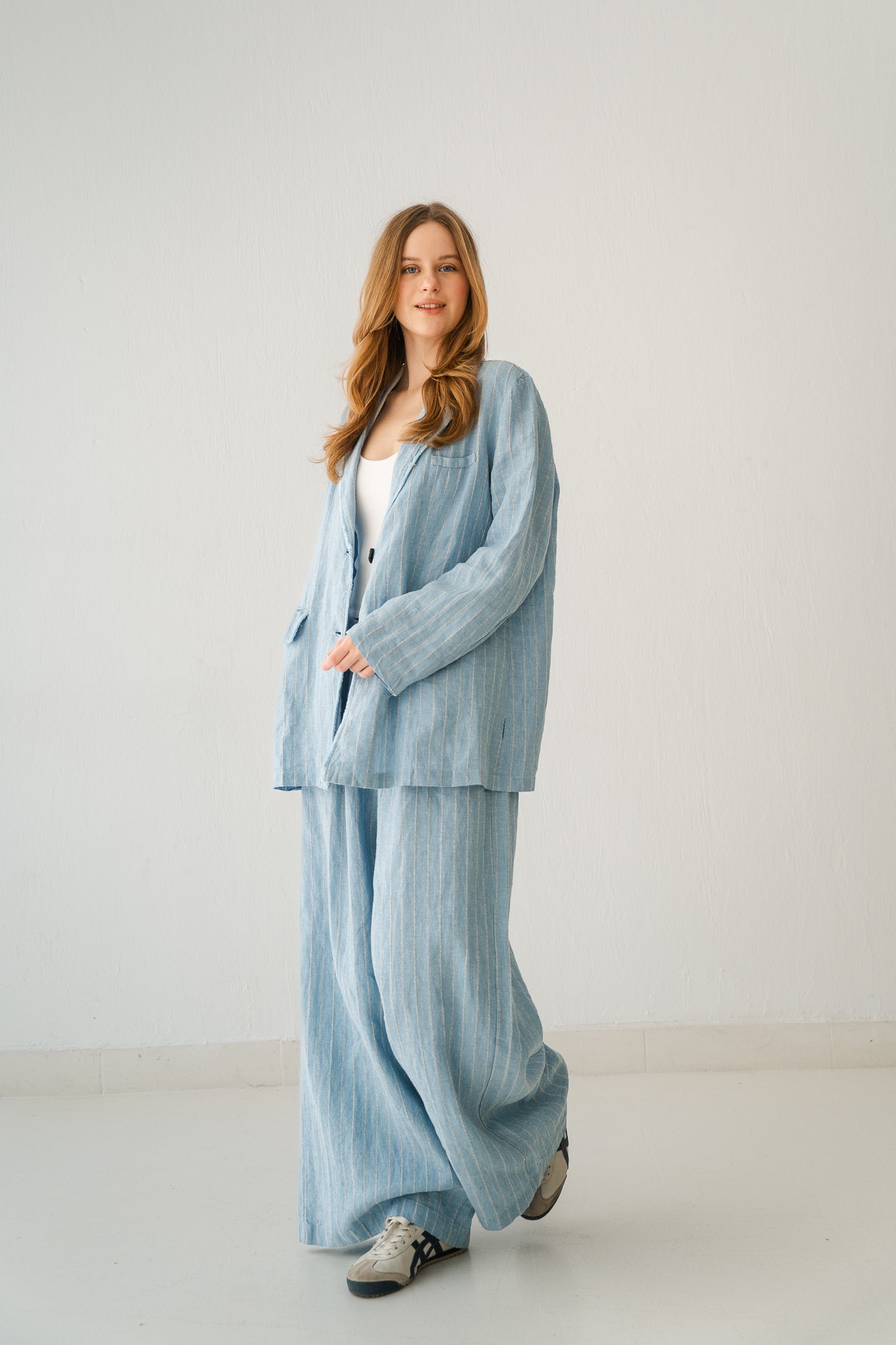 Striped Linen Blazer In Powder Blue
