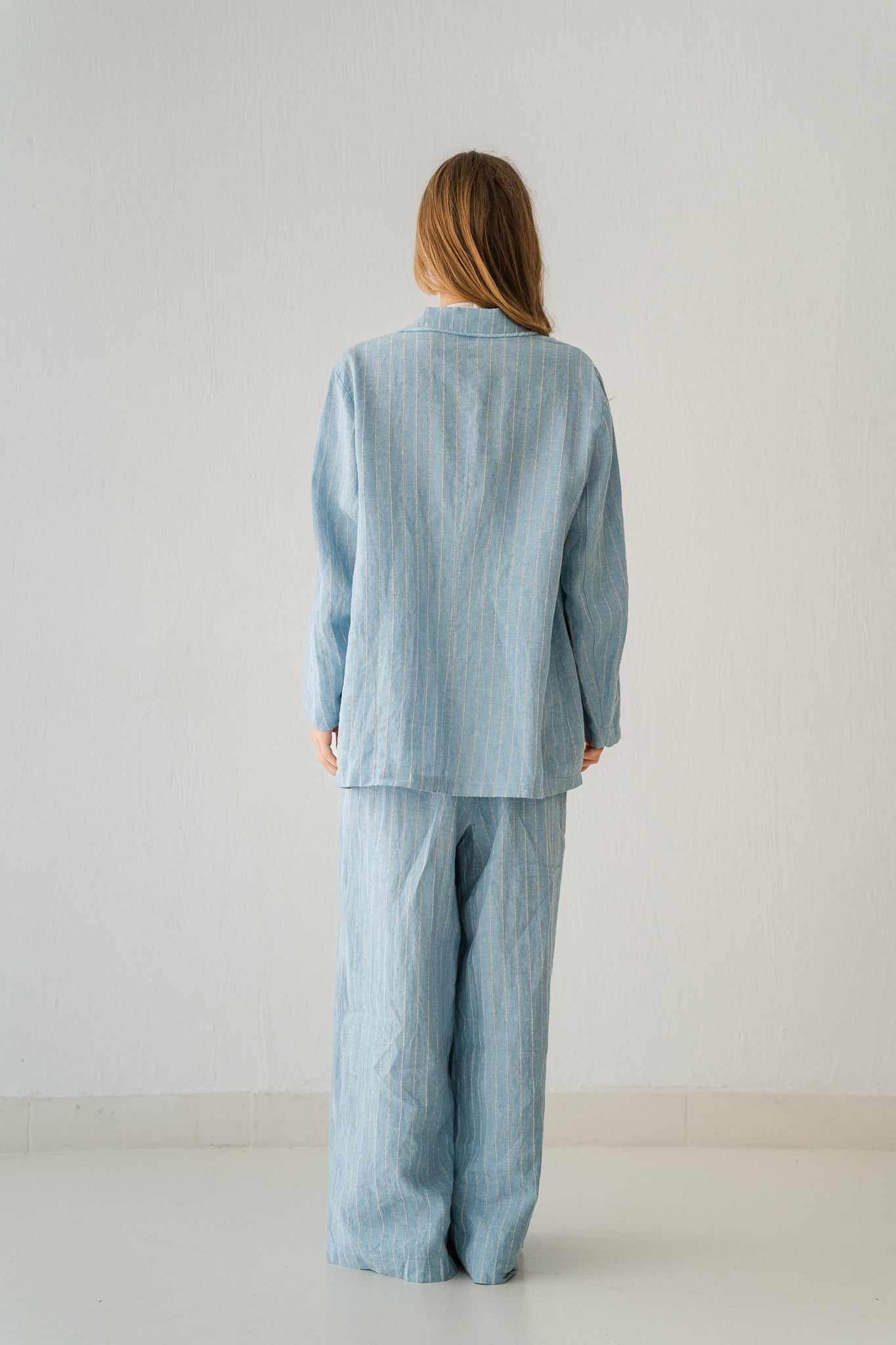 Striped Linen Blazer In Powder Blue