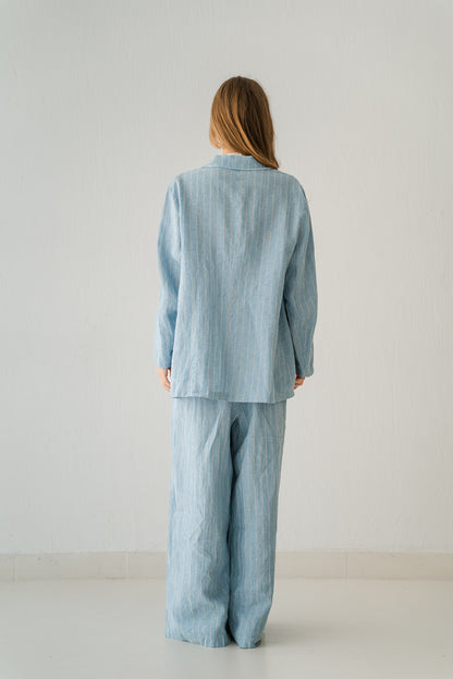 Striped Linen Blazer In Powder Blue