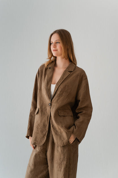 Flowered Linen Blazer In Warm Cinnamon